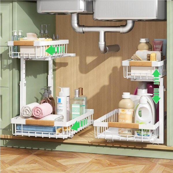 CARLA HOME Set 2 pcs - 2-Tier Kitchen Under Sink Organiser Storage with Height Adjustable, Unique Slide Rail & Suction Cups for Storage