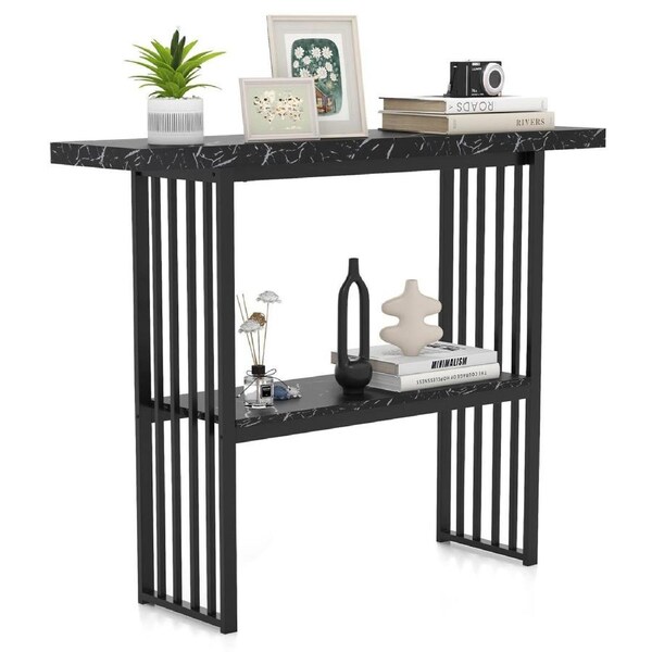 Giantex 2-Tier Console Table Faux Marble Sofa Table w/Open Shelf Entryway Table Black