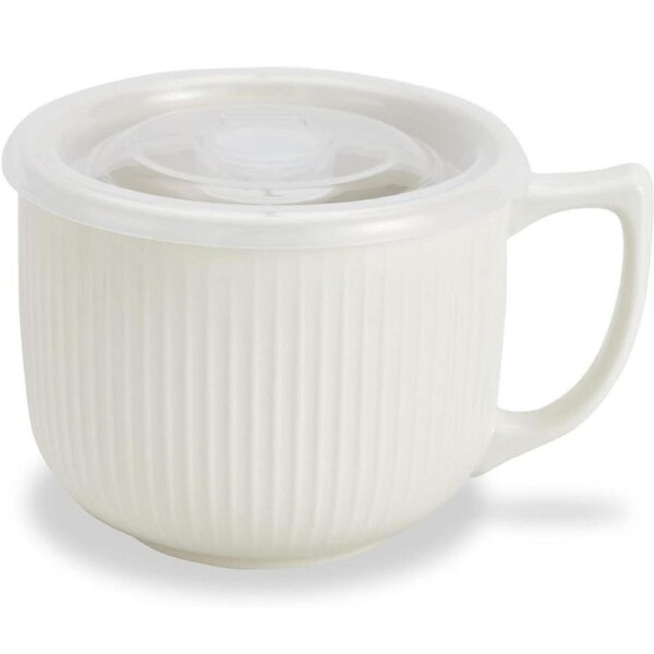 Ceramic Soup Bowl with Handle, Large 950ml /32oz Soup Mug with lid, Ribbed Soup Cup for Ramen Pasta Salads Cereal Oatmeal, Microwave and Dishwasher Safe