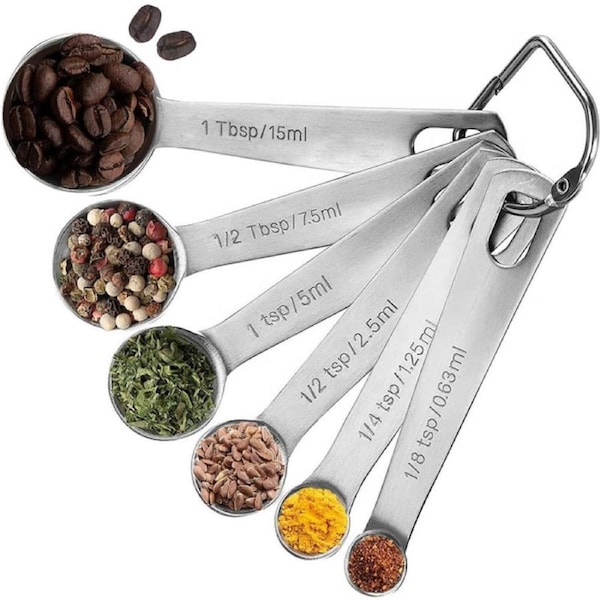 18/8 Stainless Steel Measuring Spoons Set of 6 Piece - 1/8 tsp, 1/4 tsp, 1/2 tsp, 1 tsp, 1/2 tbsp & 1 tbsp, Metal Tablespoon and Teaspoon for Measuring Liquid and Dry Ingredients