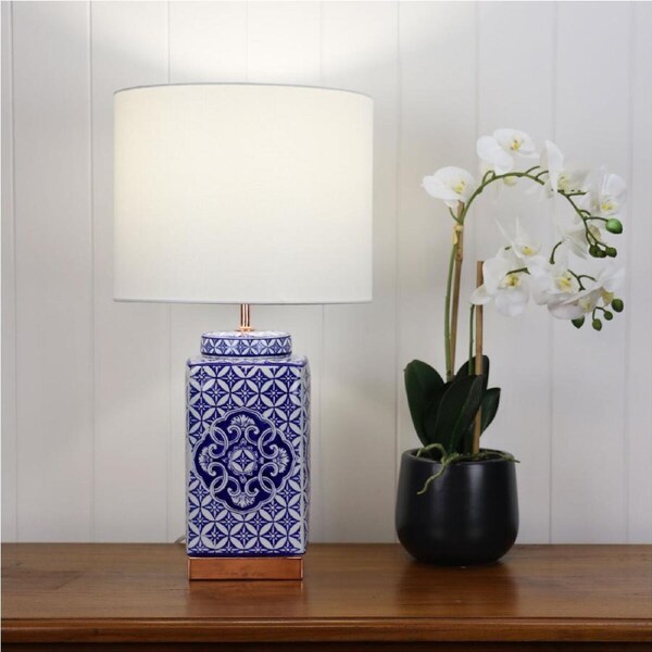 Oriel Lighting XIAN Large Blue Patterned Ceramic Table Lamp w White Shade
