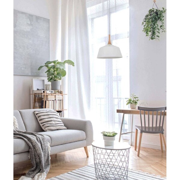 NORDIC: Modern Scandinavian Dome Steel & Wood Pendant Lights White 270mm