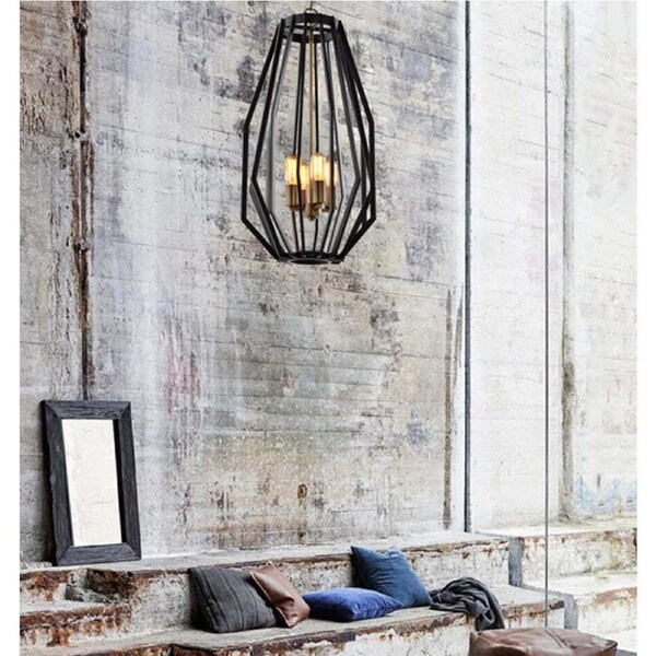 GAMBA: Industrial Rustic Narrow Angular Cage Pendant Lights 380mm Black