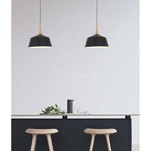 NORDIC: Modern Scandinavian Dome Steel & Wood Pendant Lights Black 400mm