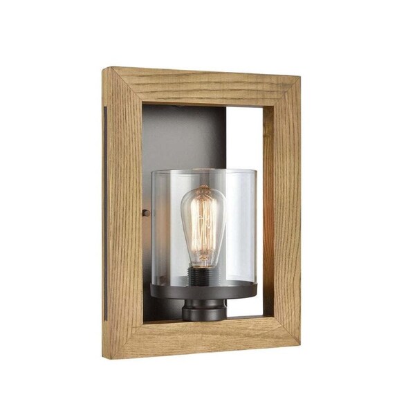 METI: Warm Chestnut Wood Frame Clear Glass Shade Interior Wall Light