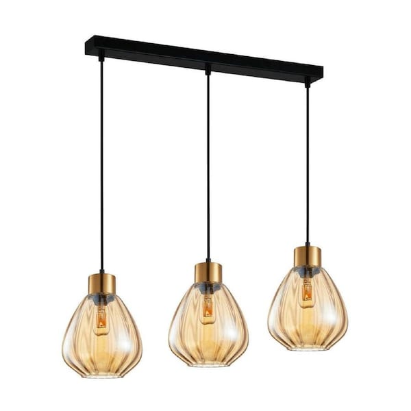 TULIP: Bronze Amber Wine Glass Ribbed Multiple Bar Base Pendant Lights