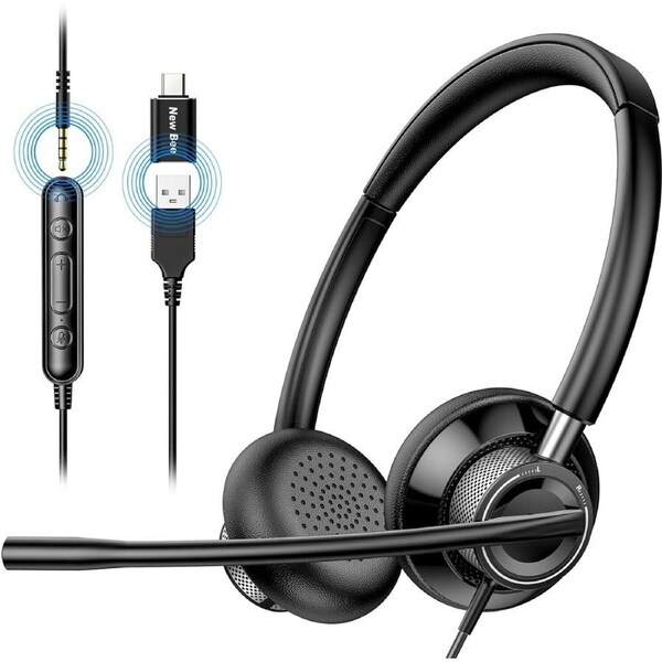 New Bee USB Headset with Microphone Flexible for L/R Side Computer Headset