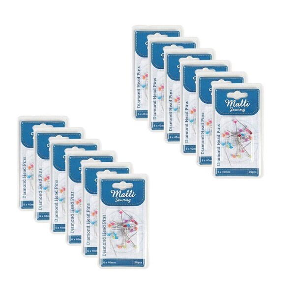 12x 20pc Malli Sewing Metal Diamond Head Sewing/Quilting Tailoring Pins 6x40mm