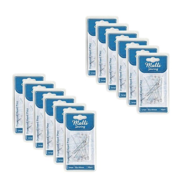 12x 10pc Malli Sewing Metal Diamond Head Sewing/Tailoring Pins Large 10x60mm