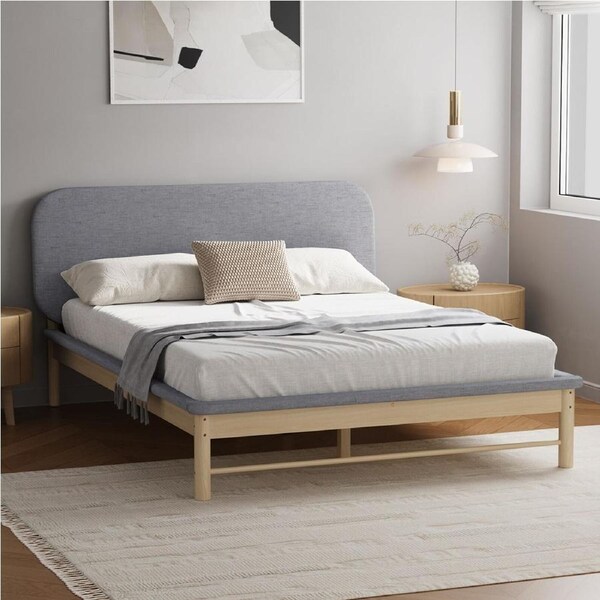 Oikiture Wooden Bed Frame with Padded Fabric Edges Pine Headboard Base (Queen)