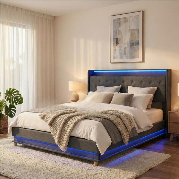 1 x Levede Floating Bed Frame Double with LED and USB Charging Grey