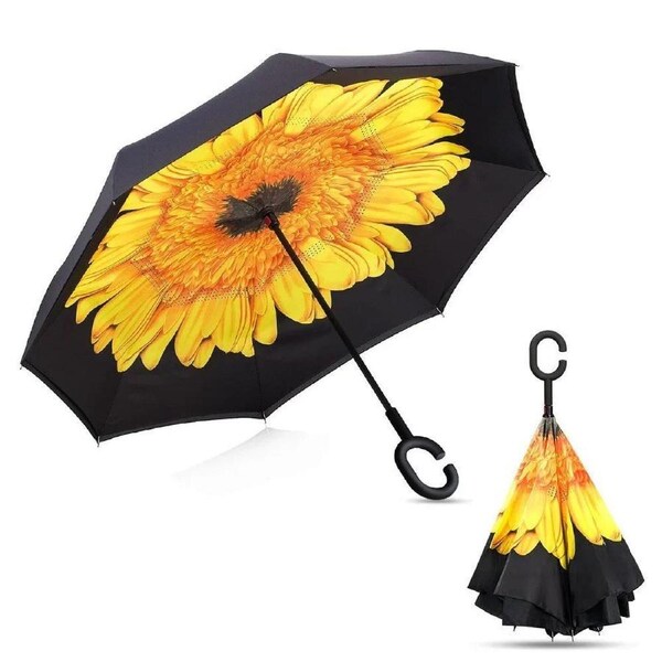 Windproof Double Layer Umbrella Reverse C-handle Upside Down Inverted Sunflower