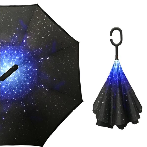 Windproof Double Layer Umbrella Reverse C-handle Upside Down Inverted Starry Sky