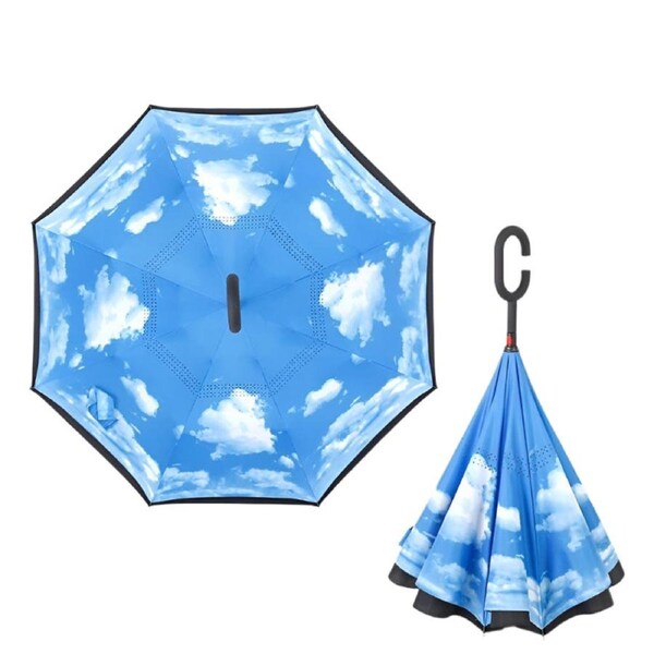 Windproof Double Layer Umbrella Reverse C-handle Upside Down Inverted Blue Sky