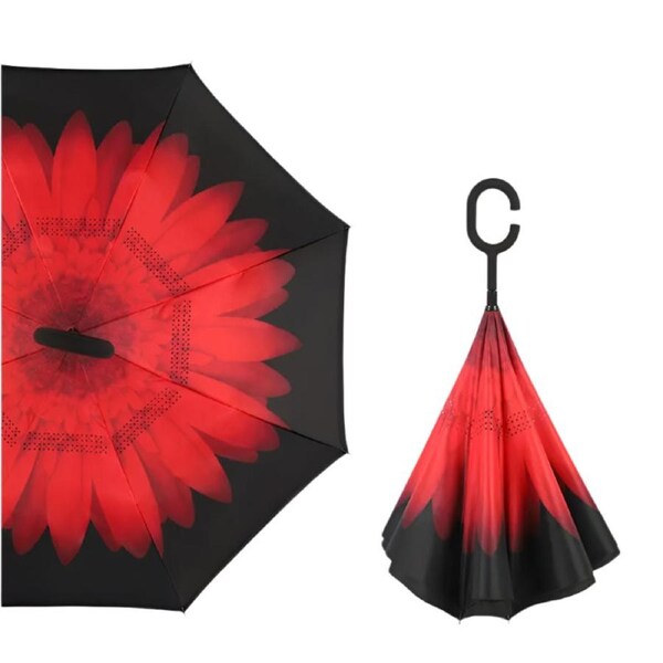 Windproof Double Layer Umbrella Reverse C-handle Upside Down Inverted Red Daisy