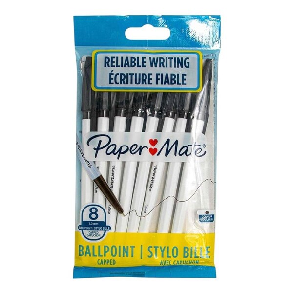 Paper Mate Ballpoint Pens 1.0mm Fine Black Ink Office School– 8 Pack