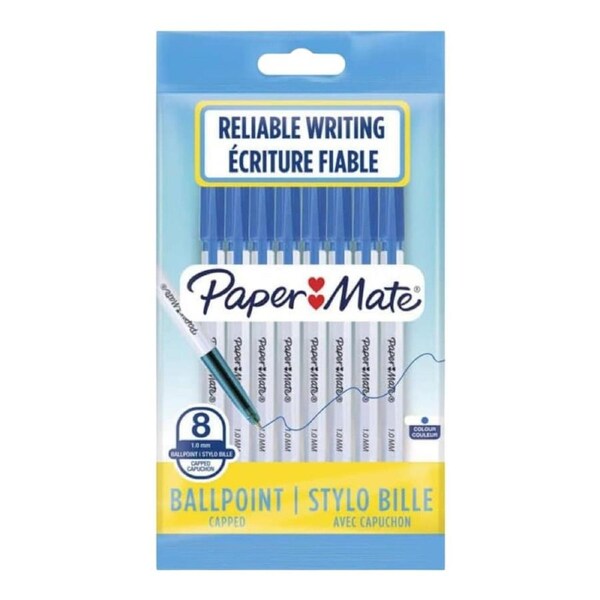 Paper Mate Ballpoint Pens 1.0mm Fine Blue Ink Office School– 8 Pack