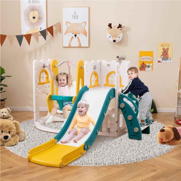 Costway 7-in-1 Swing & Slide Set w/Water Sand Filled Base Telescope L-shaped Freestanding Slide Playset Yellow