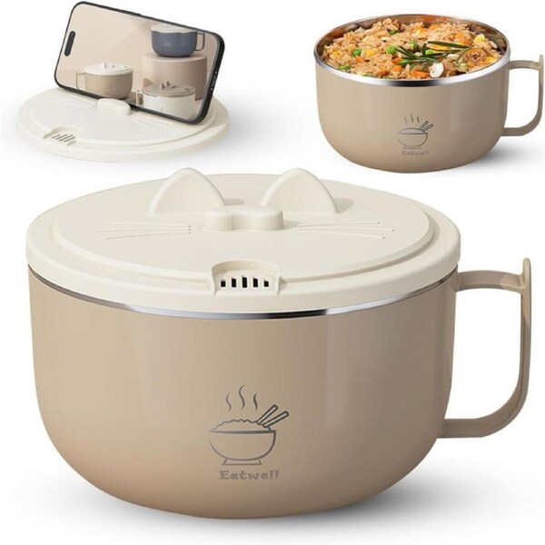 Ramen Bowl Set Noodle Bowls with Lid and Handles, Stainless-Steel Bowls with Drain Hole, Multifunctional Bowl Sets, BPA Free and Dishwasher Safe for Office College Dorm Room Instant Cooking