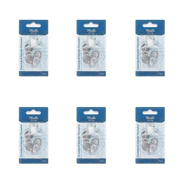 6PK Malli Sewing Metal Finger Thimble & Needle Threader DIY Sewing Kit Silver