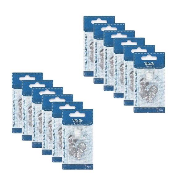 12PK Malli Sewing Metal Finger Thimble & Needle Threader DIY Sewing Kit Silver