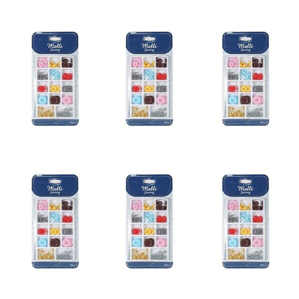 6PK Malli Sewing Resin/Plastic Button & Safety Pin Garment Repair Kit Assorted