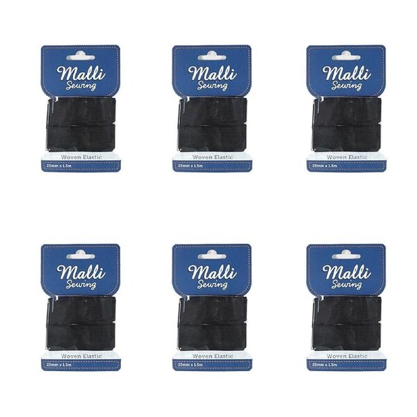6PK Malli Sewing Soft Elastic Band Flexible DIY Sewing Cord 25mm x 1.5M Assorted