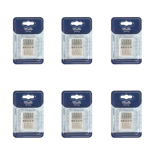 6x 5pc Malli Sewing Steel/Plastic Sewing Machine Needles Silver Assorted Sizes