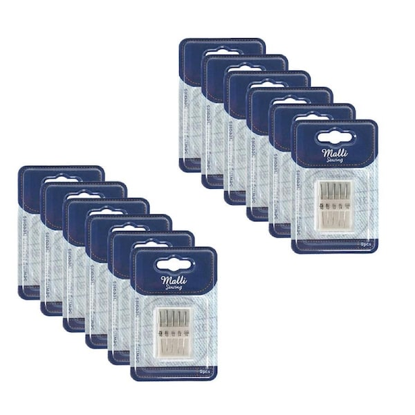 12x 5pc Malli Sewing Steel/Plastic Sewing Machine Needles Silver Assorted Sizes