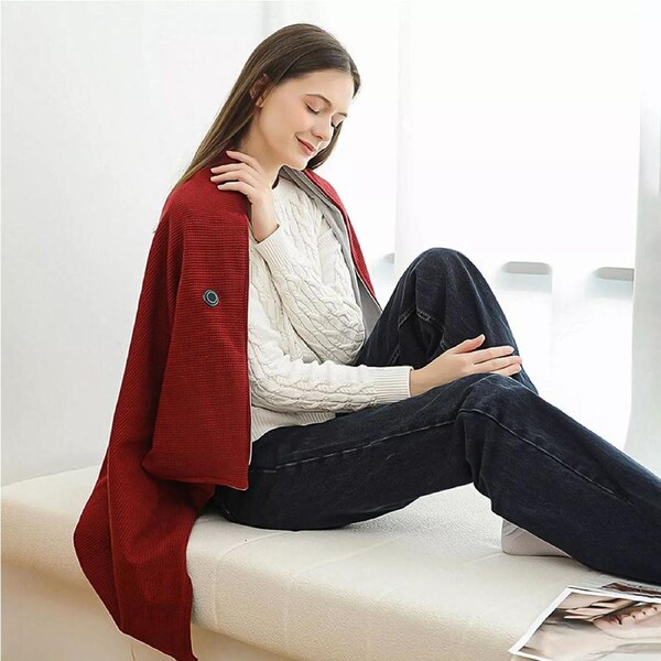USB Electric Heated Throw Blanket Warm Poncho Wrap Blanket Portable Heated Shawl (Wine Red)