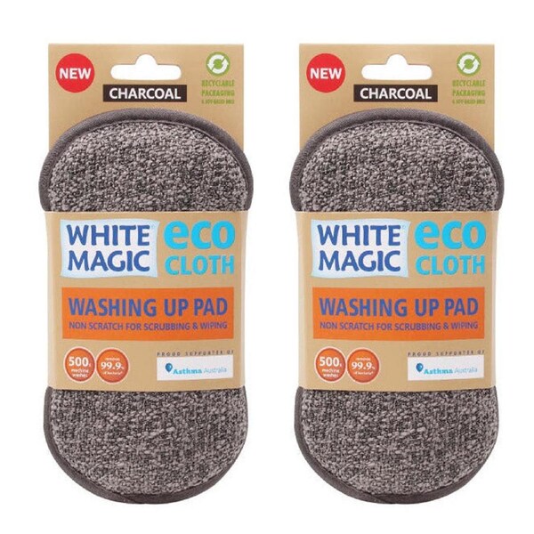 2x White Magic Washing Up Pad Reusable Double Sided Scrubbing Pad - Charcoal
