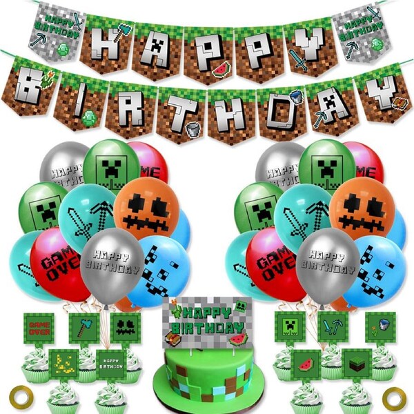 Minecraft Birthday Decorations Pixel Style Gamer Theme Party Supplies -Game Fans