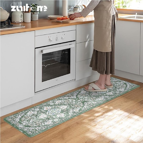 ZUNI Kitchen Rugs Mats Set of 2 Non Slip Comfort Standing Mat Rug Green