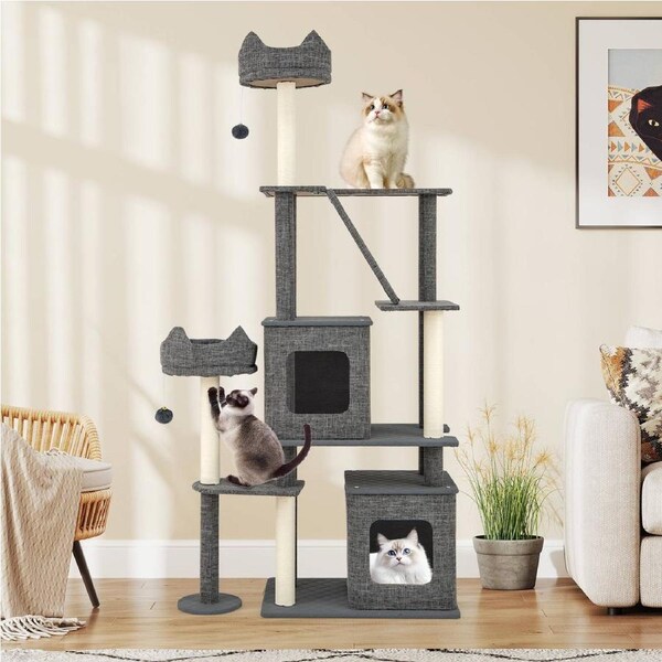 Costway 1.8m Tall Cat Tree Multi-Level Large Cat Tower w/Scratching Posts Modern Climbing Stand Grey