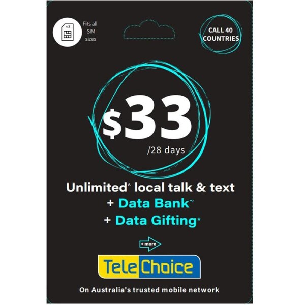 Telechoice $33 Prepaid SIM Plan - 38GB/ 28 Days
