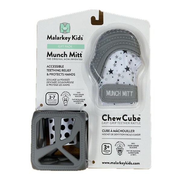 2pc Malarkey Kids Munch Mitt and Chew Cube Teething Relief Gift Pack Grey 3m+