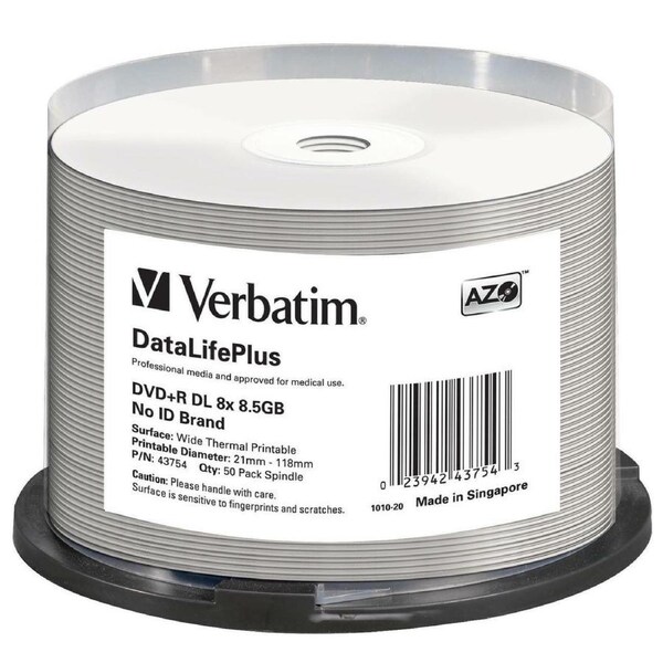 Verbatim DataLifePlus 43754 DVD Recordable Media - DVD+R DL - 8x - 8.50 GB - 50 Pack Spindle - 120mm - Printable - Thermal Printable