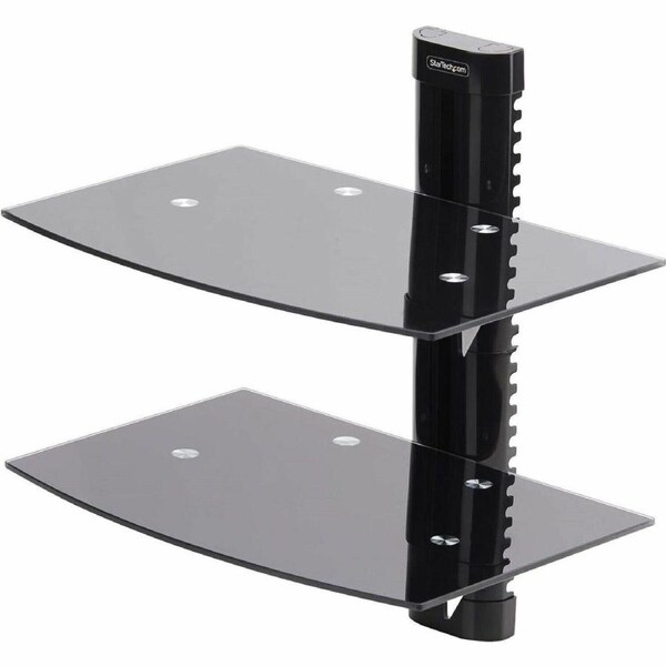 StarTech.com Dual Floating Wall-Mounted AV Shelves, Adjustable Height Shelf For Under TV A/V Equipment, Black Tempered Glass Shelves - Floating AV an