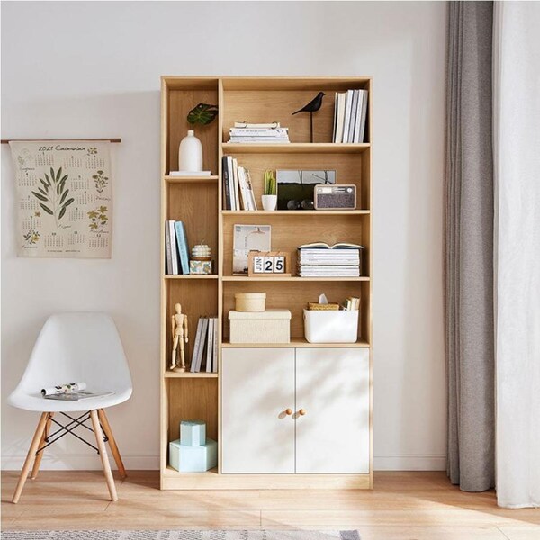 Natural Wood and White Dual-Tone Bookshelf with Storage/Wooden Showcase