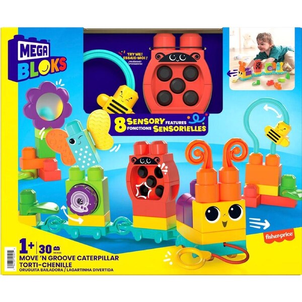 24pc Mattel Mega Blocks Move n Groove Caterpillar Sensory Toy 30cm Baby 1y+