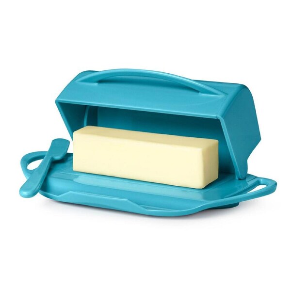 Butterie Flip-Top Plastic Butter Dish Container w/ Spreader 22.9x14cm Aqua