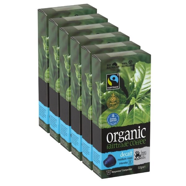 bean ground & drunk carton Decaff Organic Fairtrade aluminium coffee 60 Capsules