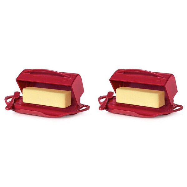 2PK Butterie Flip-Top Plastic Butter Dish Container w/ Spreader 22.9x14cm Red