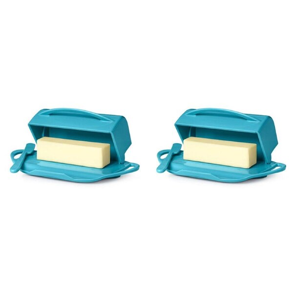 2PK Butterie Flip-Top Plastic Butter Dish Container w/ Spreader 22.9x14cm Aqua
