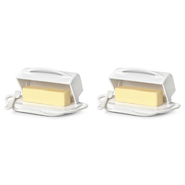 2PK Butterie Flip-Top Plastic Butter Dish Container w/ Spreader 22.9x14cm White