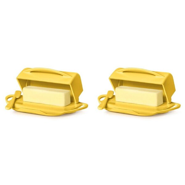 2PK Butterie Flip-Top Plastic Butter Dish Container w/ Spreader 22.9x14cm Yellow