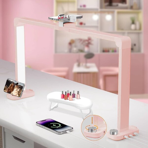 Advwin Nail Tech Lamp for Desk, Foldable Large Nail Arch Light with Phone Holder Stepless Dimming & 3 Modes Half Moon Table Light, Pink