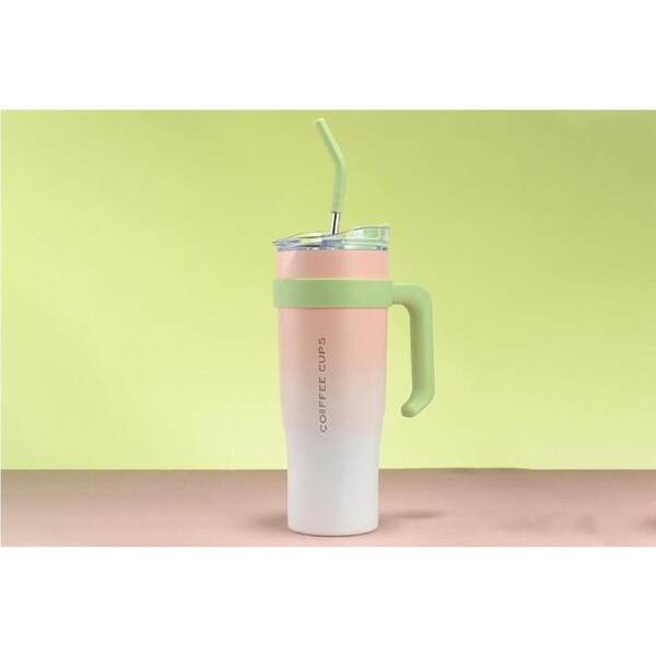 40oz Tumbler with Handle Straw and Lid Insulated Water Bottle Stainless Steel Reusable Travel Mug-Pink