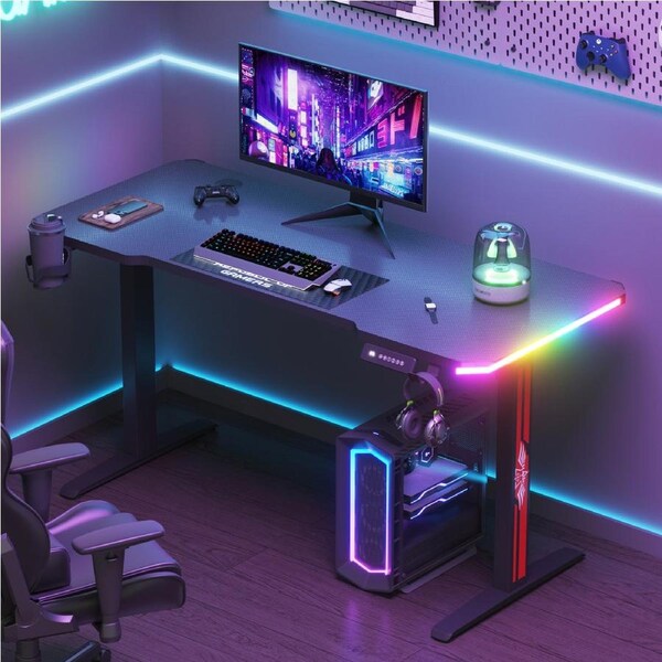 Advwin Electric Standing Desk Gaming Desk RGB LED Ergonomic Sit Stand Desk Carbon Fiber Desktop with Memory Lifting Black 140cm