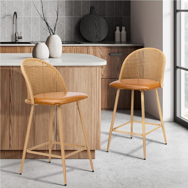 Oikiture Bar Stools Kitchen Counter Stool Rattan Dining Chair PU Brown x2